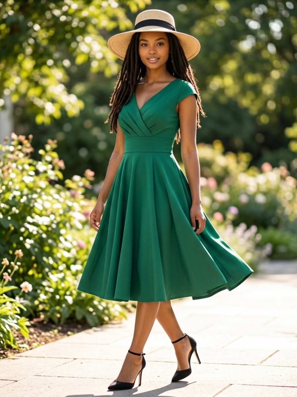 Emerald Fit-and-Flare V-Neck Dress